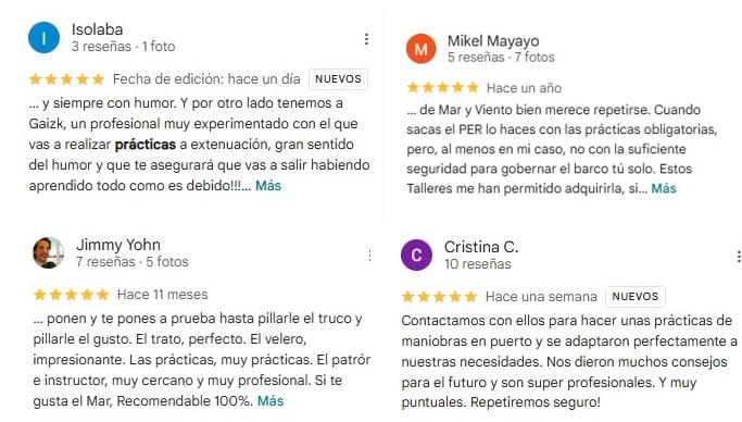 Reseñas y comentarios de clientes que han confiado en Marmitako Sailing